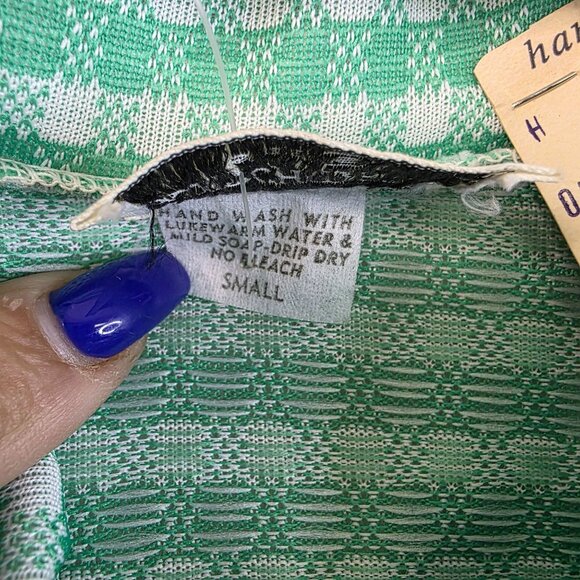 1970s Switchmates Small Gingham Pointy Collar Green Polo Shirt Deadstock Retro - Picture 5 of 9